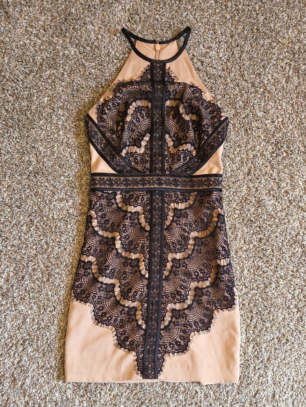 BEBE Sleeveless Nude Dress with Black Lace Overlay